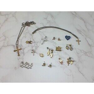VTG Wearable Scrap Christian Jewelry Earings Necklace Cross Doves Charms lot 15